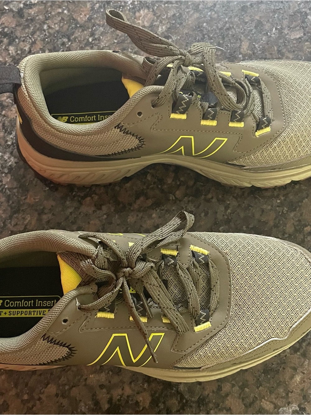 New Balance Men's Olive/Tan Athletic Sneakers with Yellow Accents